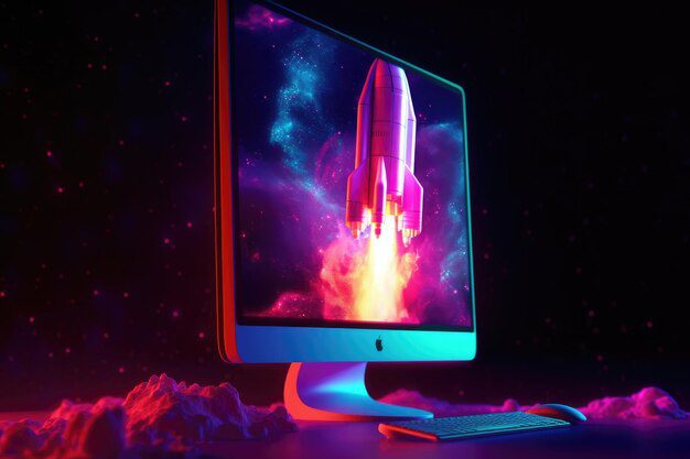 rocket coming out-desktop computer-screen neon light generative artificial intelligence