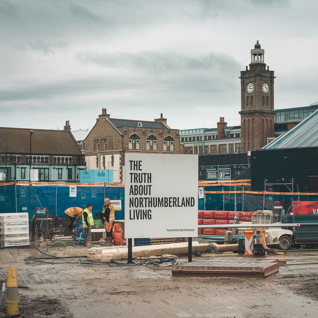 blog post for northumberland living , image is of a london building site in centre is white sign with black text reading the truth about northumberland living